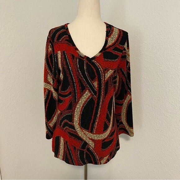 Stunning Red Black Travel Collection V Neck Blouse Top Sexy Size M - Picture 2 of 8